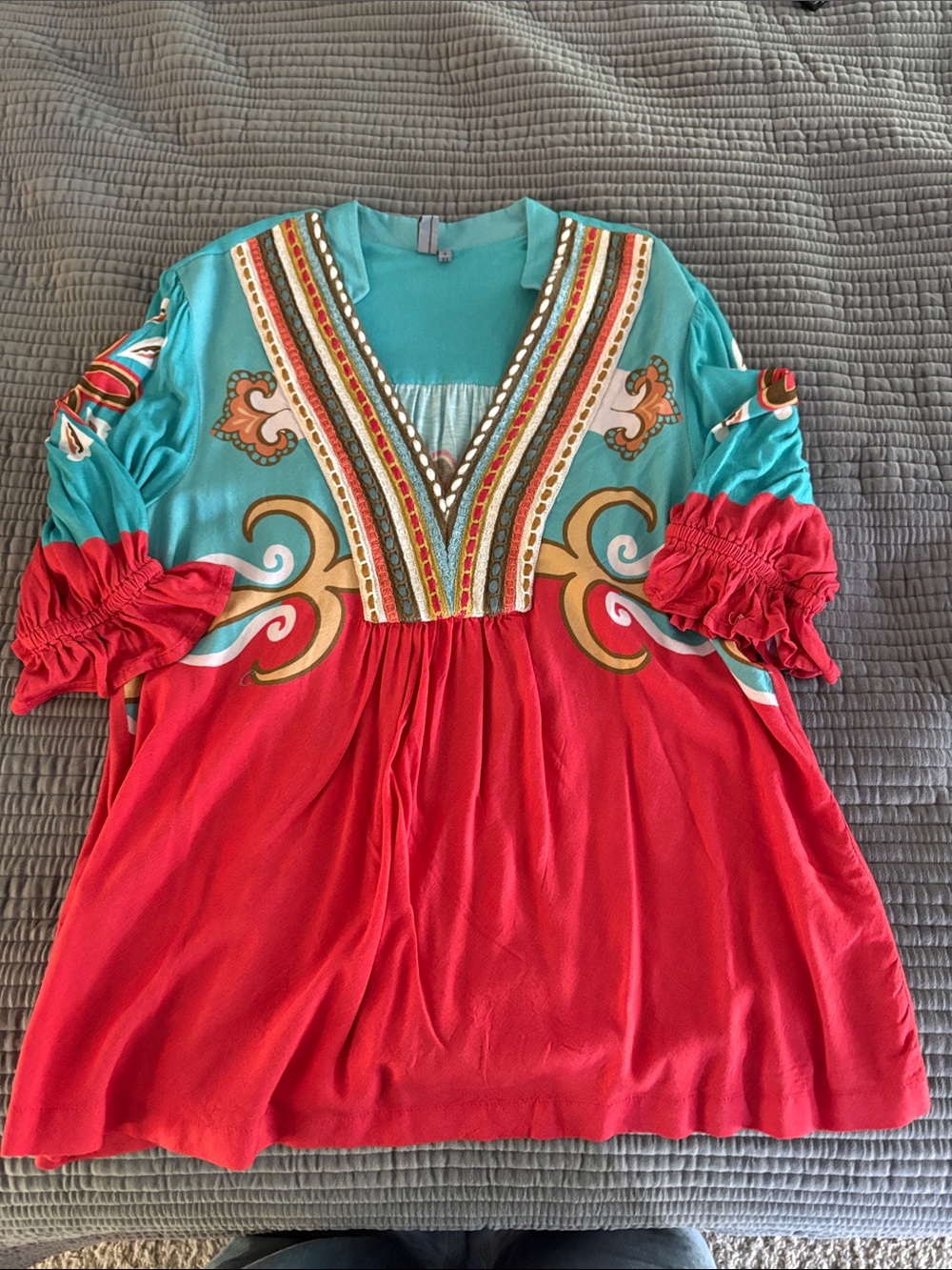 Anthropologie Teal and Red Embellished V-Neck Tunic